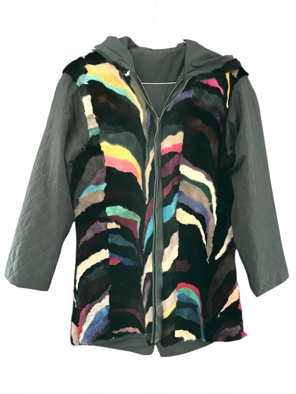 Mink Fur Coat Chevron Pattern Dyed Multicolred Hooded Zip Up Jacket Size Large